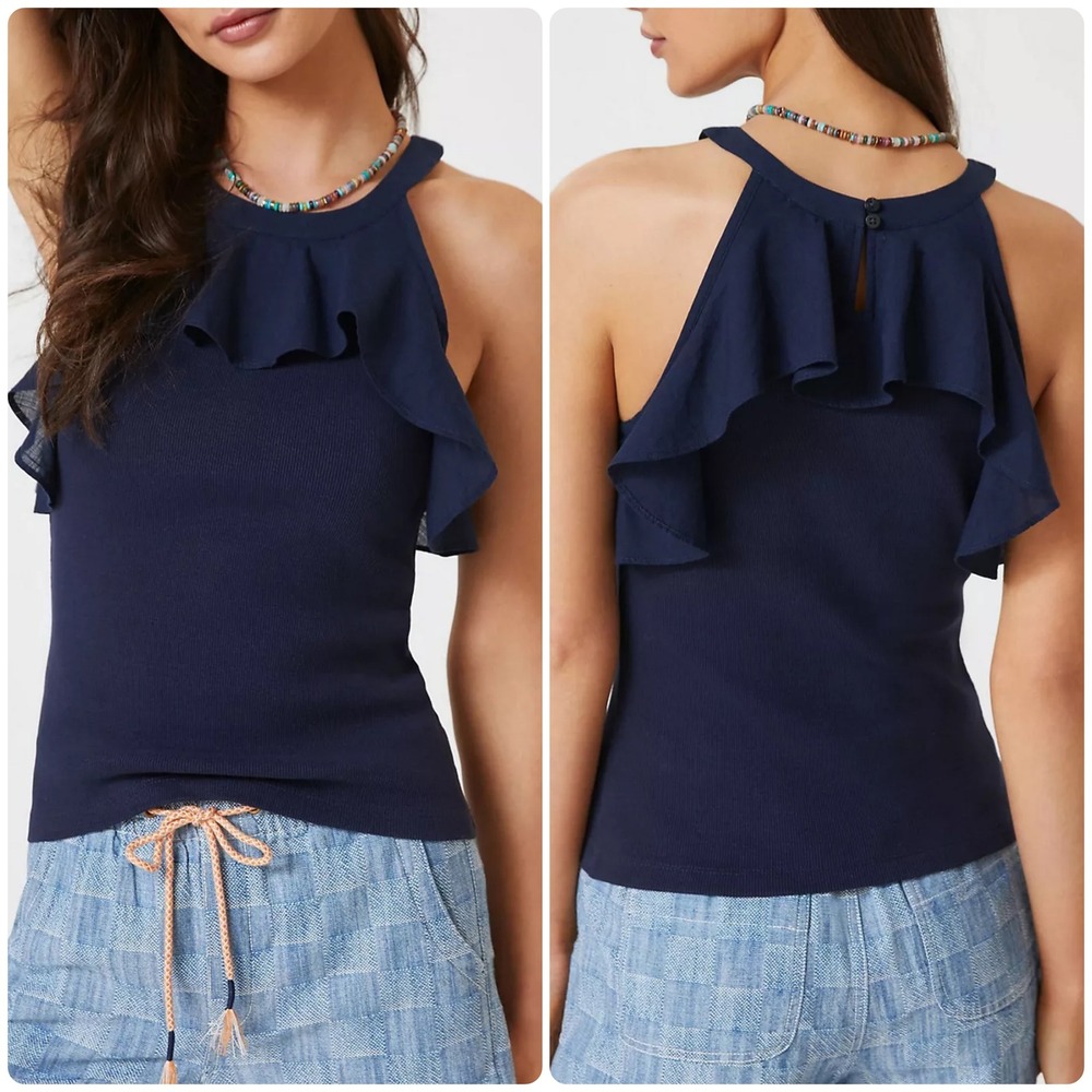 Maeve by Anthropologie Womens Feminine Ruffled Rib Halter Tank Size XS Navy